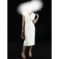 Black Hepburn Sleeveless Doll Neck Dress Women Slim Knee Length Dress Summer High Waist Split Zipper Straight Dress - Image 5