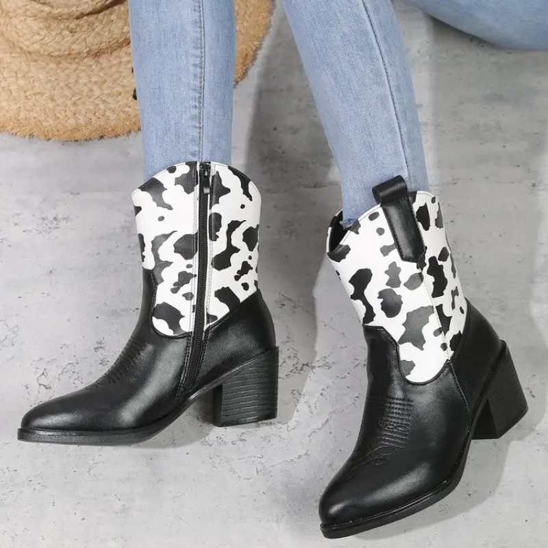 Cowboy Boots for Women Embroidered Pointy Toe Square Heeled Knee-high Western Cowgirl Boots Women Shoes Comfymfy Black white New