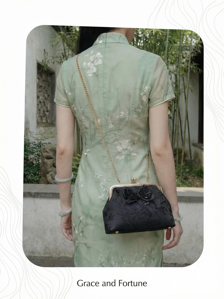 Chinese Style Butterfly Embroidery Clutch Vintage Lace Kiss Lock Handbag Elegant Evening Bag with Gold Chain for Women