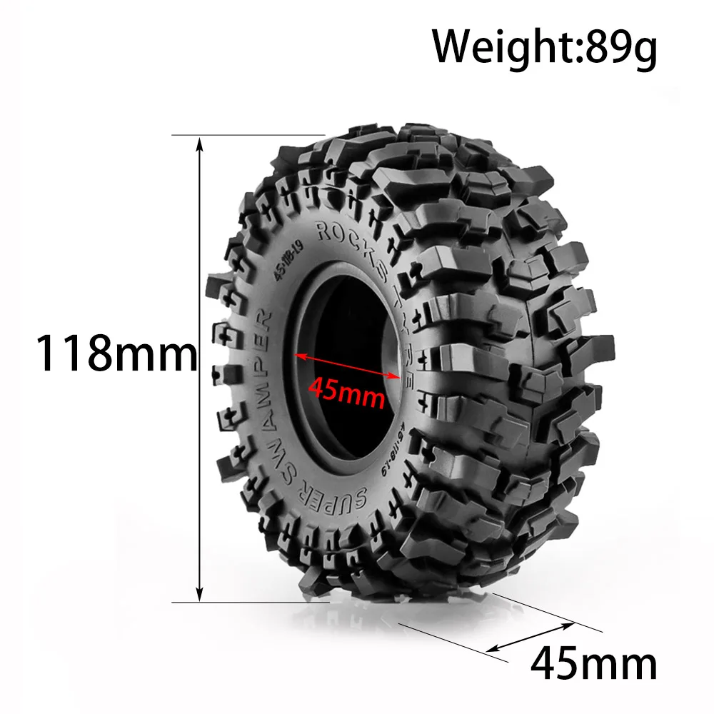 Quatre pneus RC Crawler 1.9 1/10 disposés sur une surface rocheuse, prêts pour l'aventure.