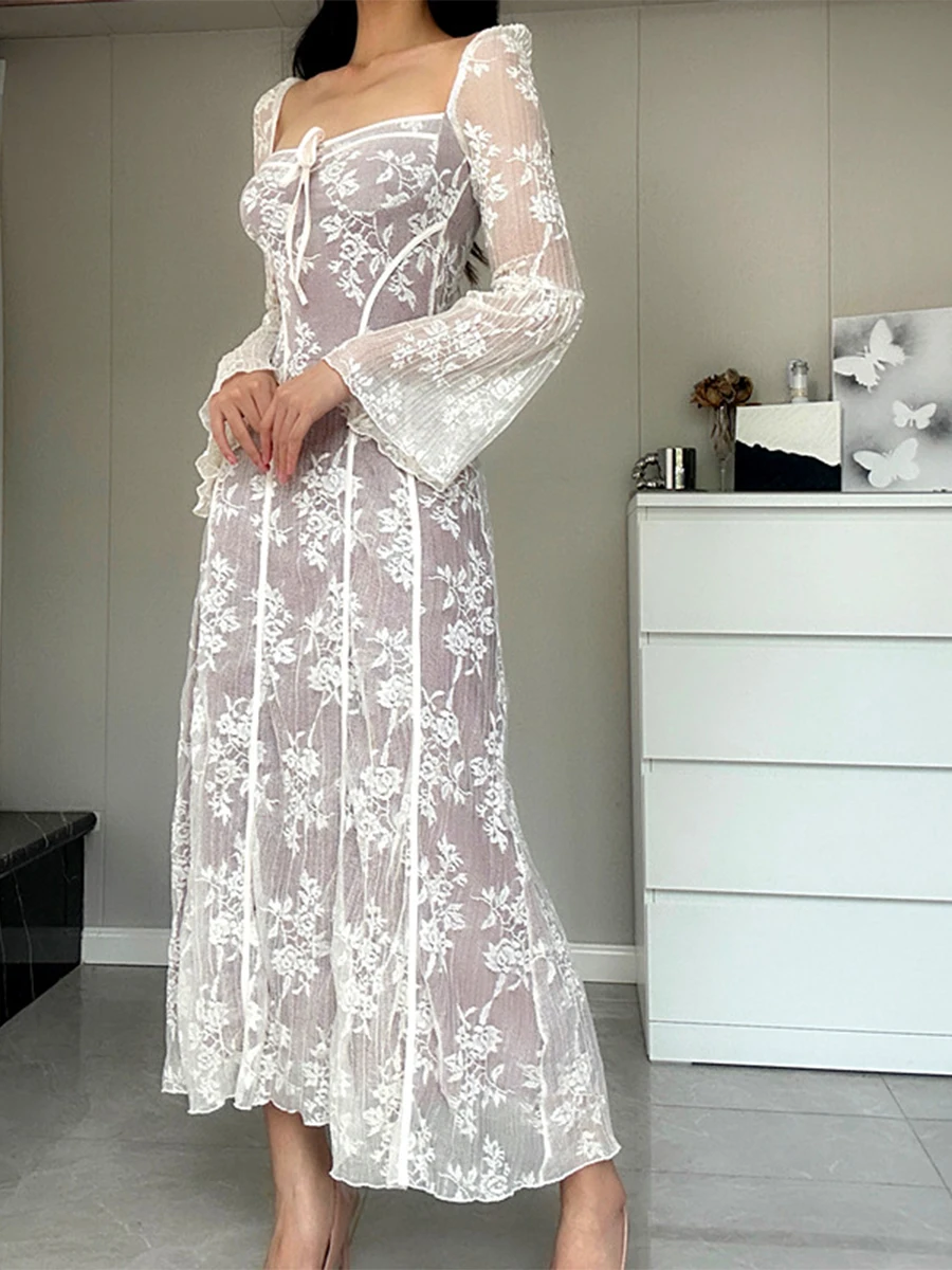 

Women Lace Dress Long Sleeve Square Neck Flower Tie-up Long Dress Fall Swing Dress