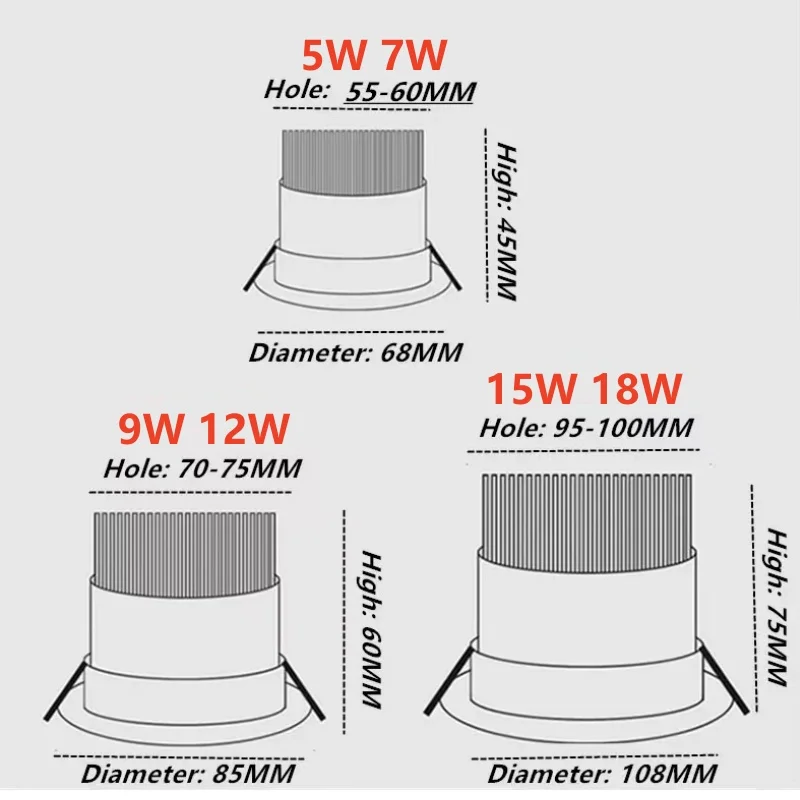 LED Downlight Recessed Ceiling Spotlight Ceiling Lamps LED lights Embedded COB downlights Dimmable 5W7W9W12W15W18W Home commercial led lights AC90-265V ceiling Indoor lighting