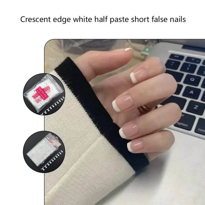 

French Short Wrap Edge Fake Nails Edge White French Half Paste Short False Nails Natural White Clear Nails