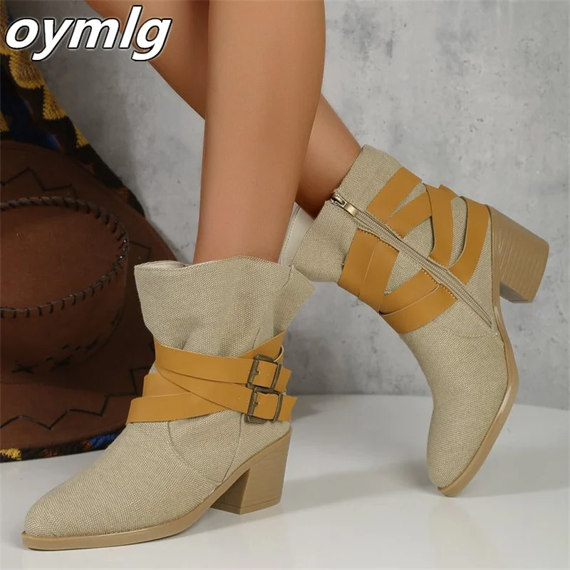 Women's short boots winter new round toe thick heel high heel and ankle boots with side zipper fashionable short boots for women