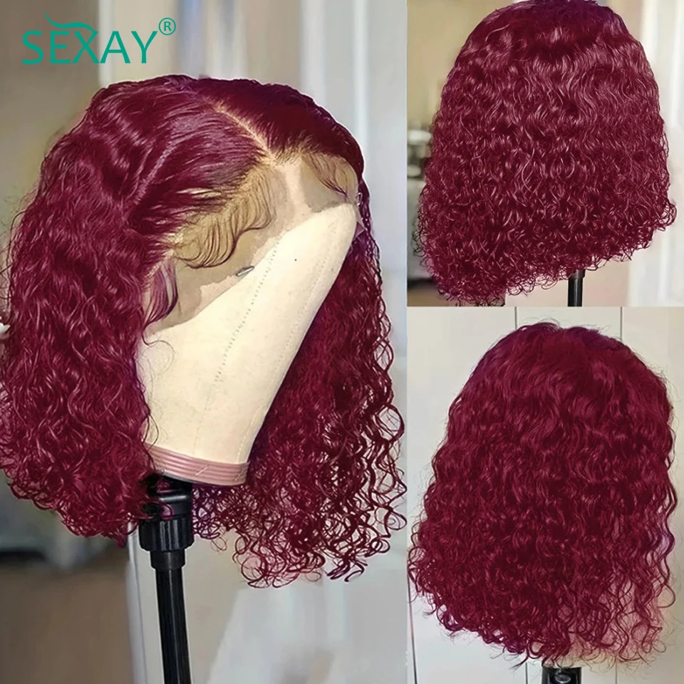 Burgundy Curly Short Bob Lace Front Wigs Sexay Water Wave Human Hair 180 Density 13x4 Transparent Lace Frontal Wig Pre Plucked