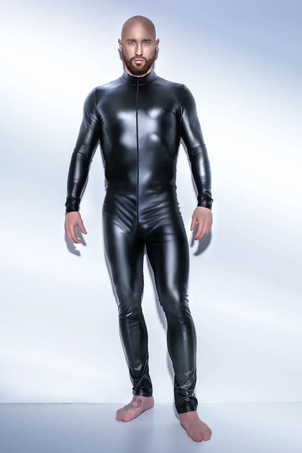 Plus Size Men Catsuit Faux Leather Long Zipper Crotch Bodysuit Night Club Jumpsuit Latex Bodysuit
