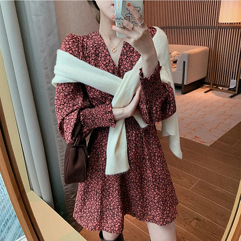 

Dresses for Women 2022 Summer Dresses Women's Party Elegant Dress Floral Dress Ladies Puff Sleeve V Neck High Waist Stretch Dres