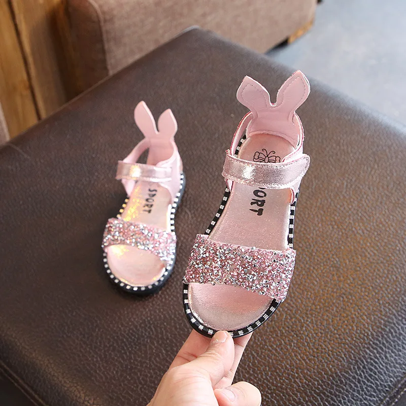 Baby Girl Sandals Fashion Bling Shiny Rhinestone Girls Shoes With Rabbit Ear Kids Flat Sandals 13-22CM