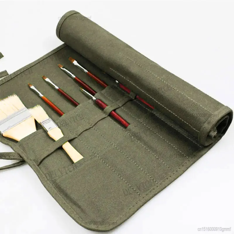 Astuccio Arrotolabile In Tela Per Penne E Matite, 22 Fori, 43x37 Cm, Verde Militare, Portatile - 2