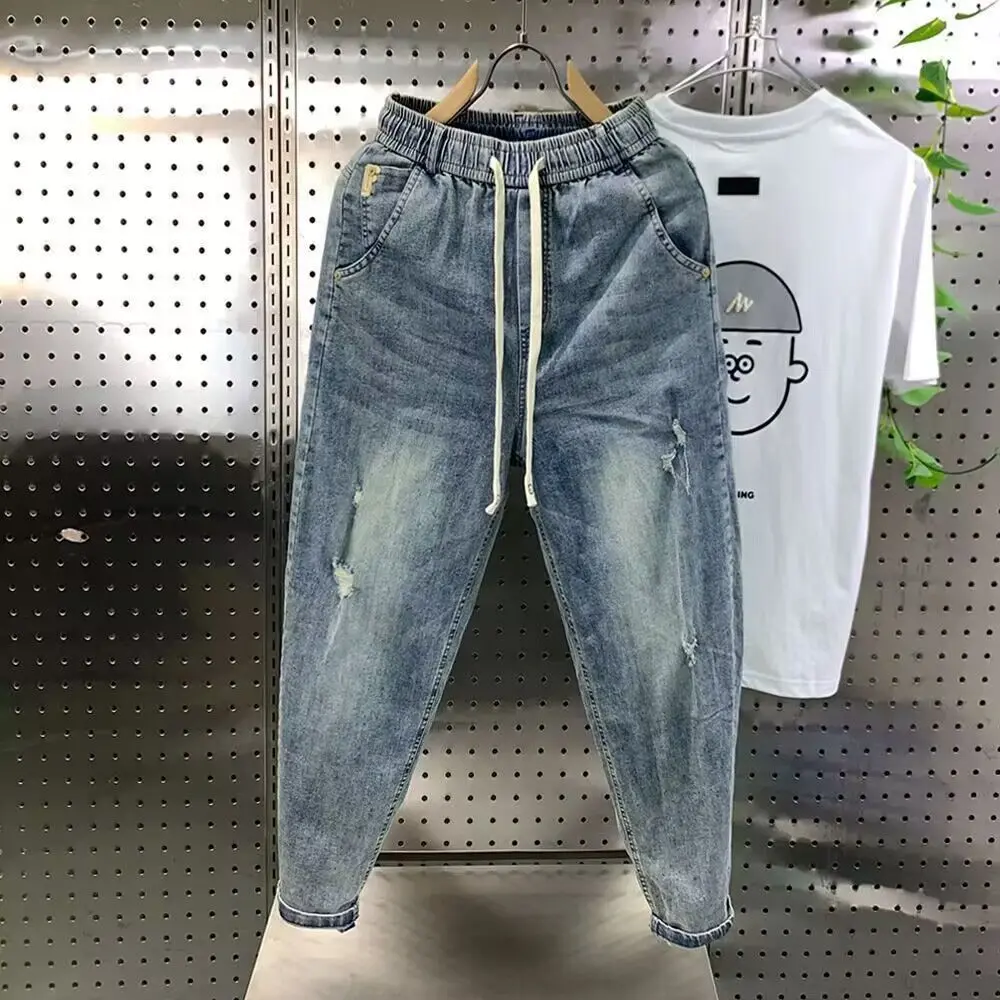 

Men's Loose Drawstring Jeans Spring and Autumn New Brand Broken Hole Jeans Washed Elastic Youth Casual Ripped Luxury Harem Pants