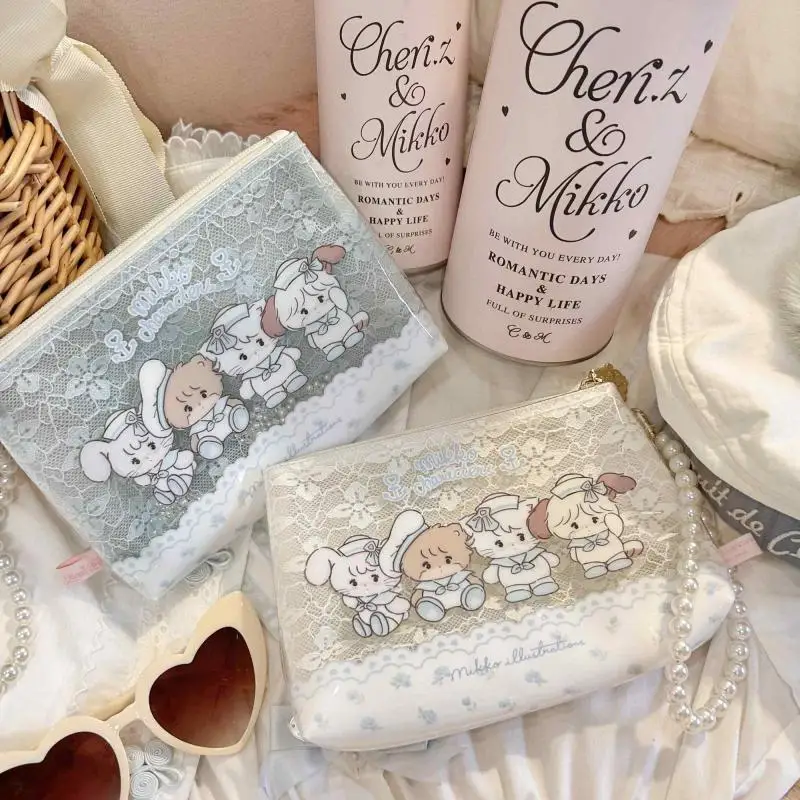 

New Kawaii Cute Mikko Cammy Latte Mousse Souffle Cosmetic Bag Pearl Lace Storage Bag Sweet Cartoon Handbag Girl Birthday Gift