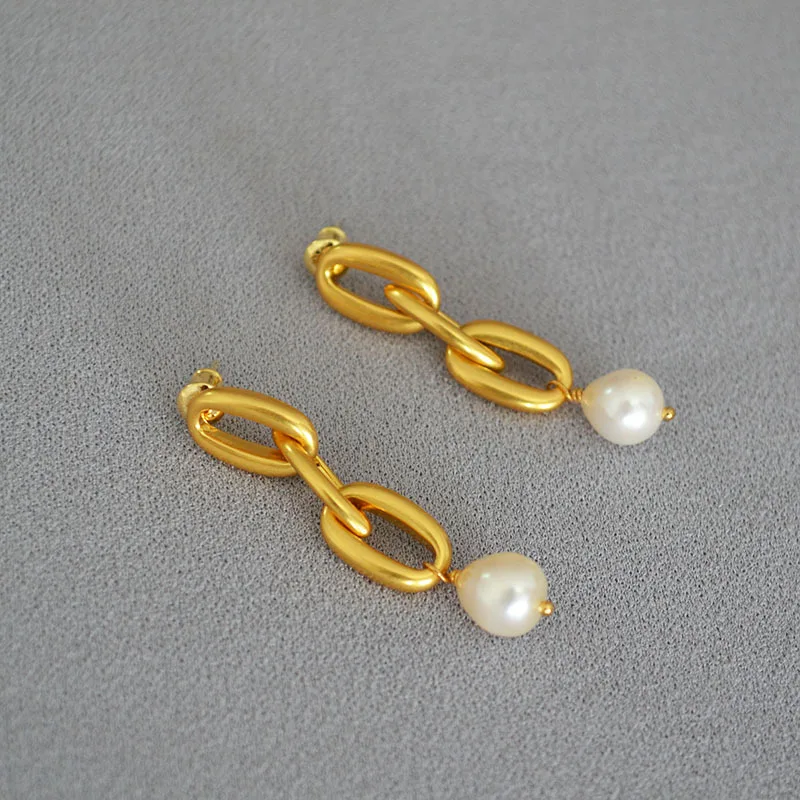 Freshwater Pearl Earrings Vintage 925 Silver Needle Gold-plated Brass Chain Drop Earrings