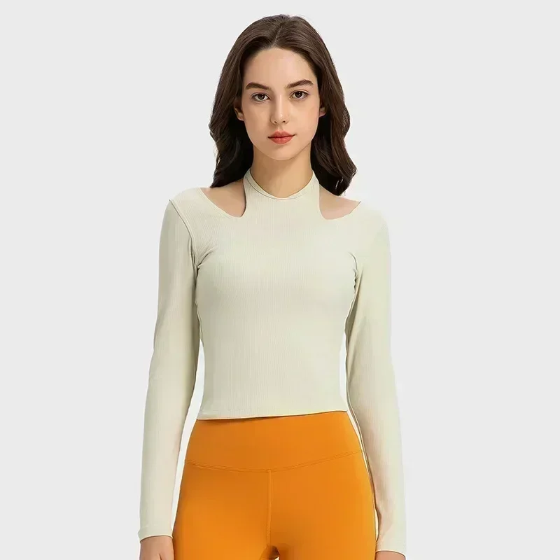 Lemon Women Halter Neck Long Sleeve Yoga Shirt Ribbed Fabric Stretch Halter Neck U-shaped Back Fitness Sport T-shirt Fitness Top