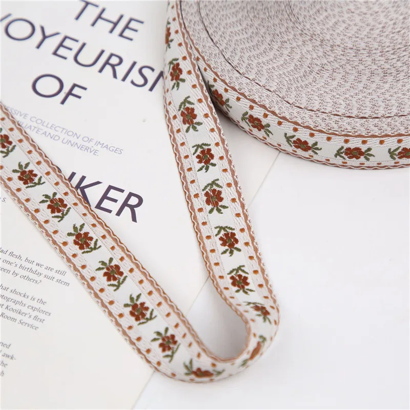 Embroidery Ribbon 25MM 1inch 5Yards Or 50Yards Warm-Toned Flowers Pastoral Style Embroidered Jacquard Ribbon Trim embroidery ribbon