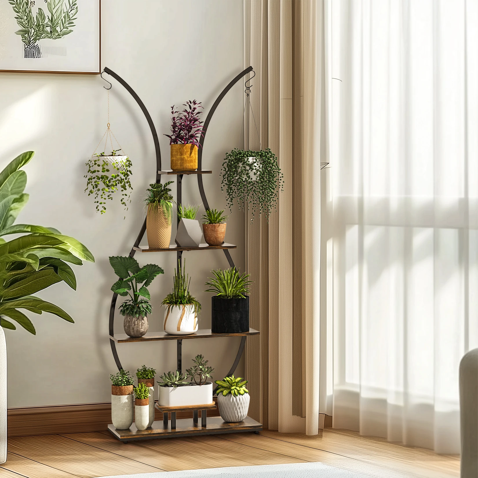 5 Tier Tall Plant Stand Indoor Vase-Shape Metal Plant Shelf with Hanging Hook, Multiple Planter Display for Home Decor Living