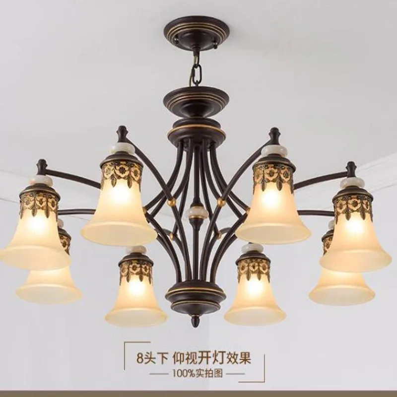 

American Vintage Chandeliers For Living Room Decoration Home Lighting E27 Led Lamp Black Wrought Iron White Glass Lampshade