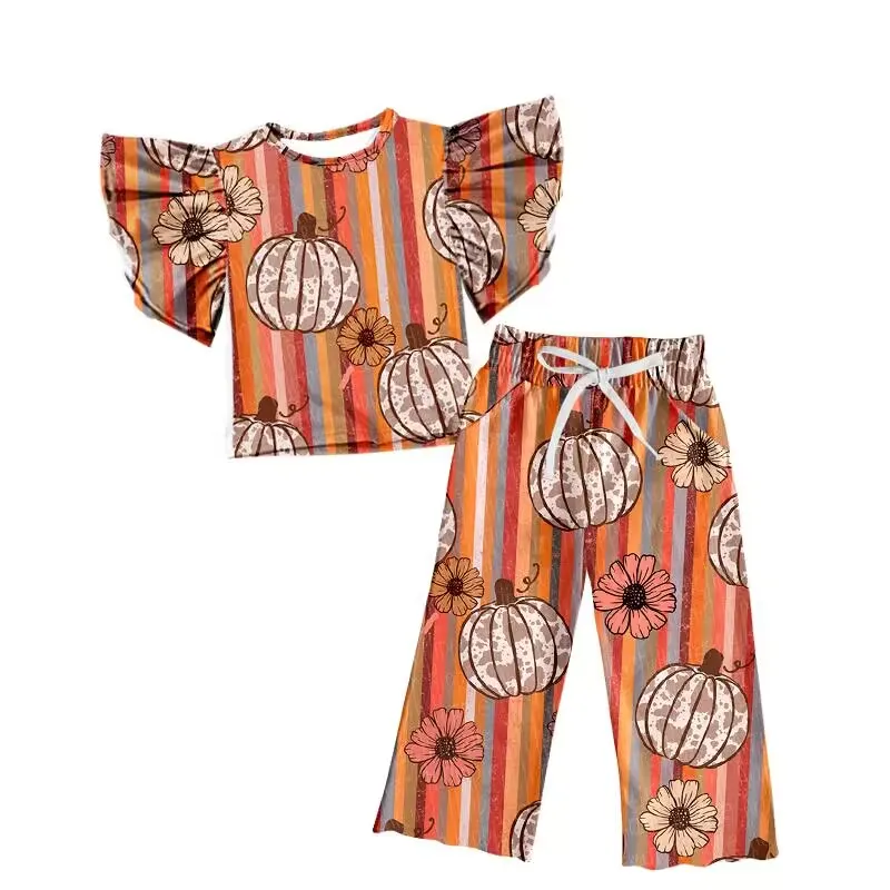 

Wholesale Summer Boutique Girls Clothes Halloween Collection Pumpkin Print Orange Texture 2pcs Lace Cuffs
