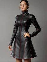 Women Pleated A-Line PU Leather Dress Long Sleeve Grunge Vintage Casual High Street Turtleneck Long Sleeve Mini Dresses 2025 - Image 3