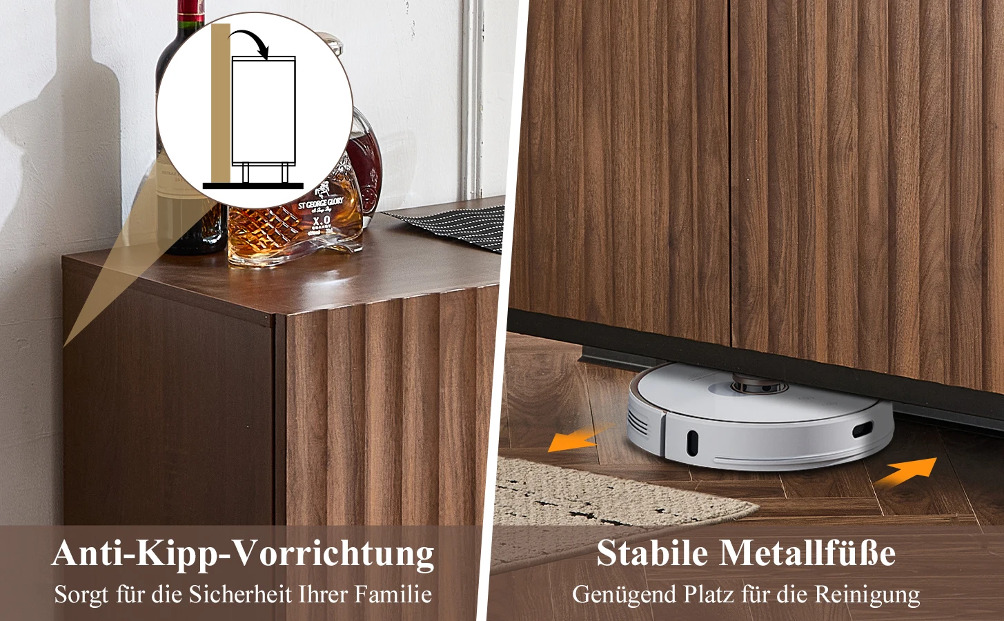 150 x 40 x 80 cm großes Sideboard aus dunkler Eiche, dekorativer Schrank im Mid-Century-Stil, 3 Türen, welliges 3D-Design, verstellbare Regale – Detail 18