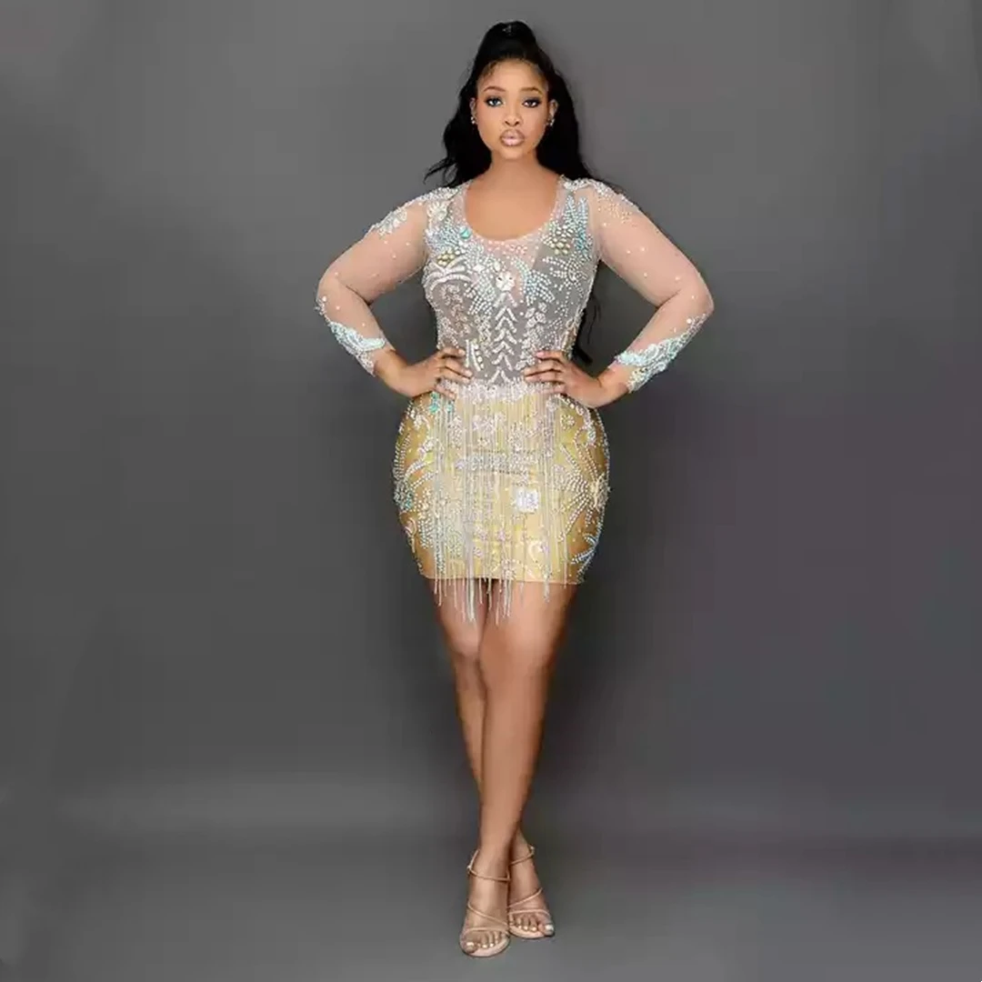 

Bling Bling Diamond Applique Tassel Evening Dress Women Sexy Naughty Girl Mini Dress Happy Birthday Prom Dress Women Costume