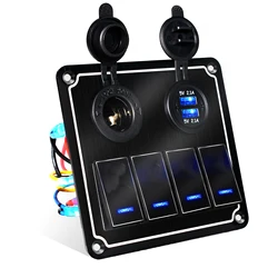 Premium Metal LED Rocker Switch Panel with USB Port and Digital Display - Waterproof for Automotive and Marine Use (DN4 gang Black)