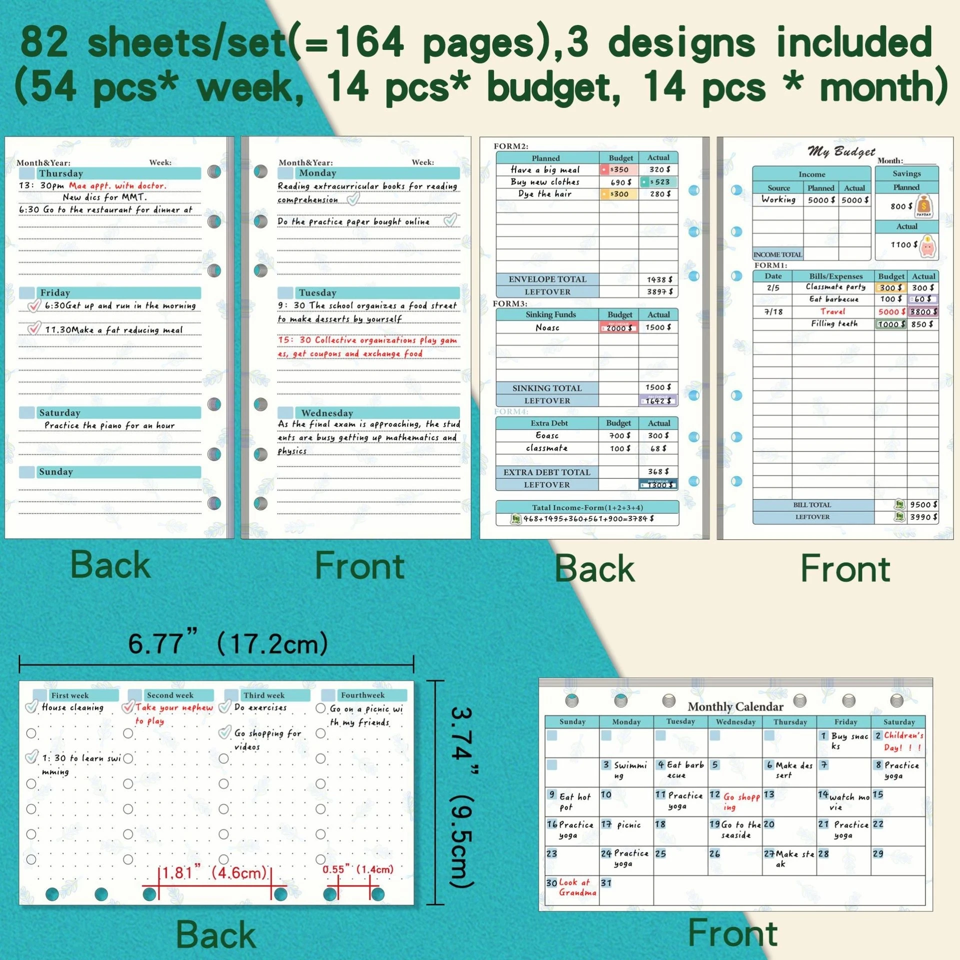 A6 Budget Page Loose Leaf Notebook Refill Spiral Binder Inner Page Weekly Monthly Inside Paper Budgeting Money Organizer