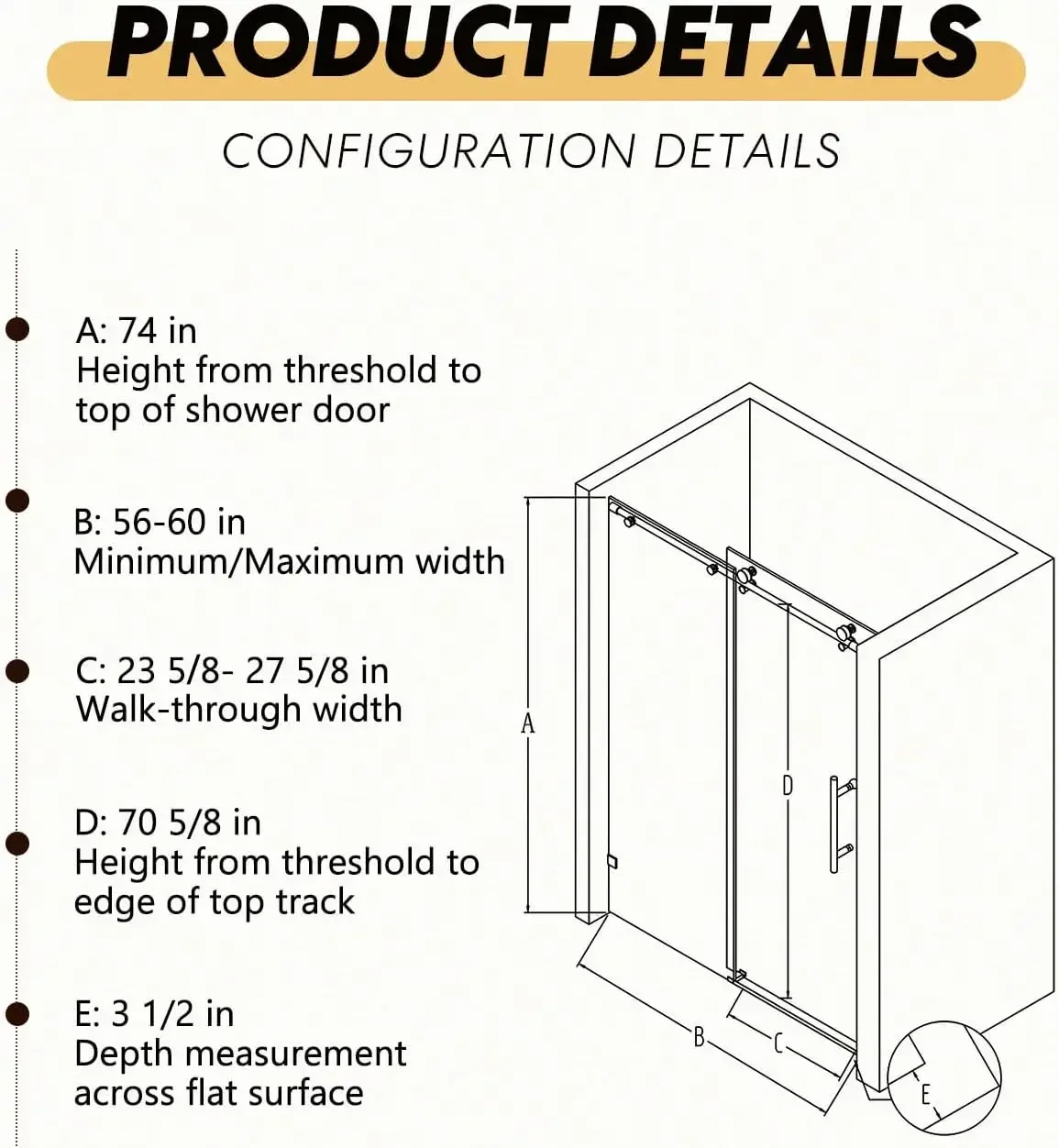 Frameless 56-60" W x 74" H Single Sliding Shower Door, Matte Black, 5/16" SGCC Tempered Glass, Soft-Close, Adjustable Width 6