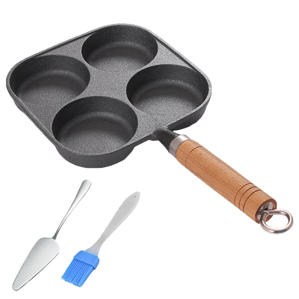 4 Hole Omelet Pan Egg Frying Pan Nonstick Divided Egg Omelet Pan Granite Coating Pancake Pan Wooden Handle for Home Kitchen 2