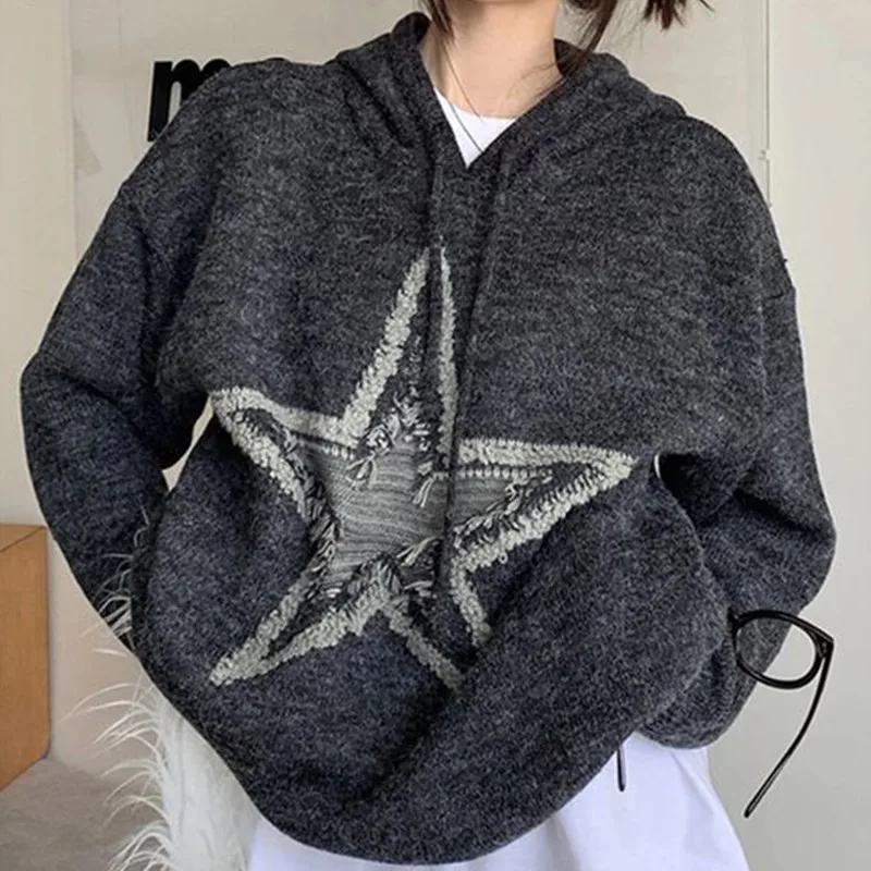 

Серая Готическая Стильная жаккардовая Толстовка со звездами вязаная эстетичная Ретро Повседневная Женская одежда в стиле Харадзюку свитер пуловер