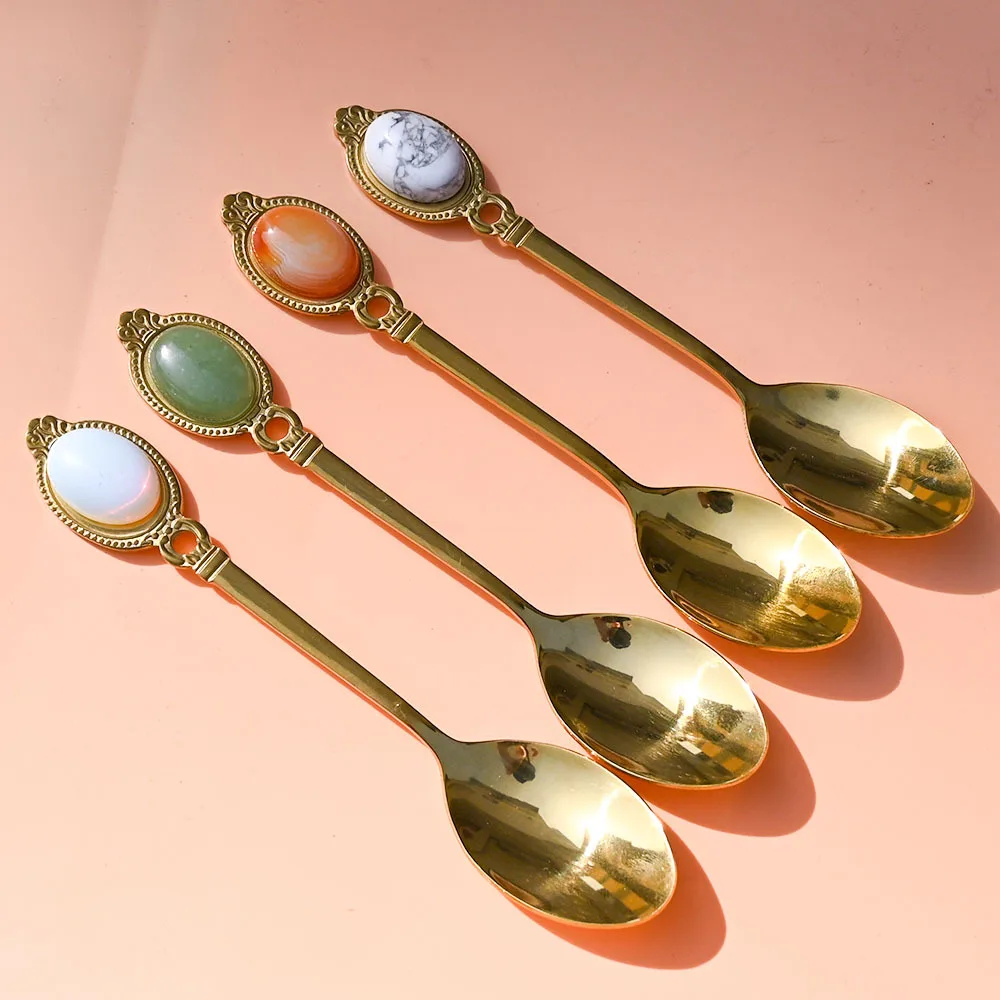Stainless Steel Spoon Golden Stainless Steel Spoon Coffee Tea Dessert Spoons with Natural Crystal Stone Quartz Handle Creative for Home Office Decor