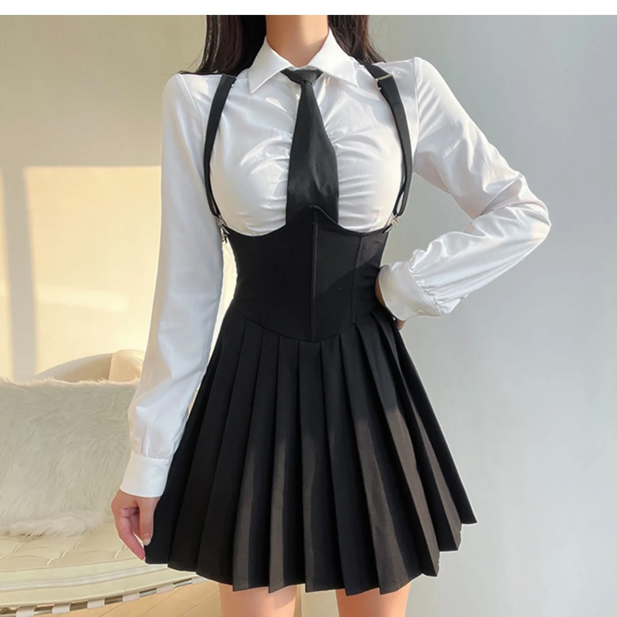 Japanese School Uniform Women Size 4XL Sexy JK Uniform Suit Slim American Sugar Spicy Girls College Style Uniform Set Shirt White + Strap Pleated Skirt