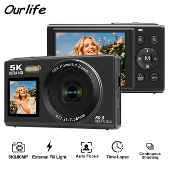 Ourlife Fotocamera digitale CCD Doppio schermo Fotocamera digitale portatile Zoom 18X 5K Videoregistratore Vlog vintage Fotocamera selfie CCD da 80 MP