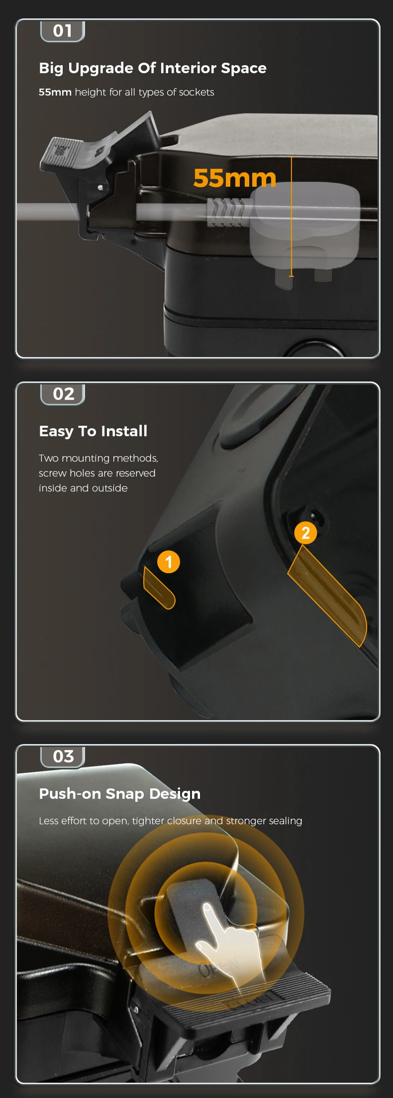 IP66 Impermeável Preto Outdoor Dual Tomadas Elétricas