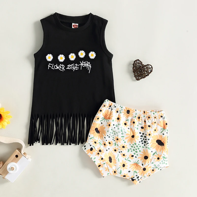 

Комплект с шортами для маленьких девочек Listenwind, повседневный жилет с кисточками и круглым вырезом без рукавов с эластичным поясом, шорты с цветочным принтом, летний наряд