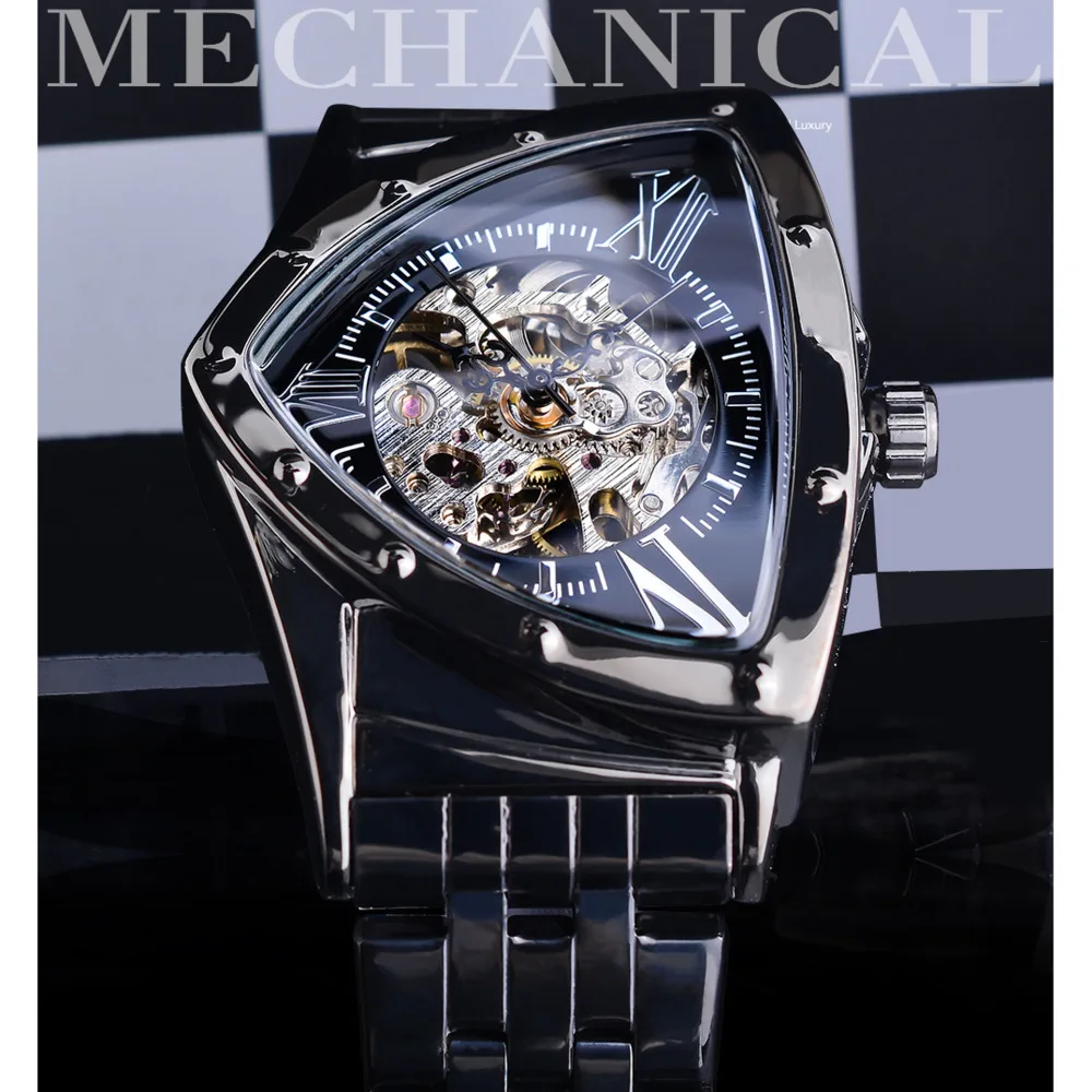 FORSINING Mechanical Watch For Men Automatic Hollow Out Luxury Watch Triangle Dial Stainless Steel Men Watch Reloj Hombre