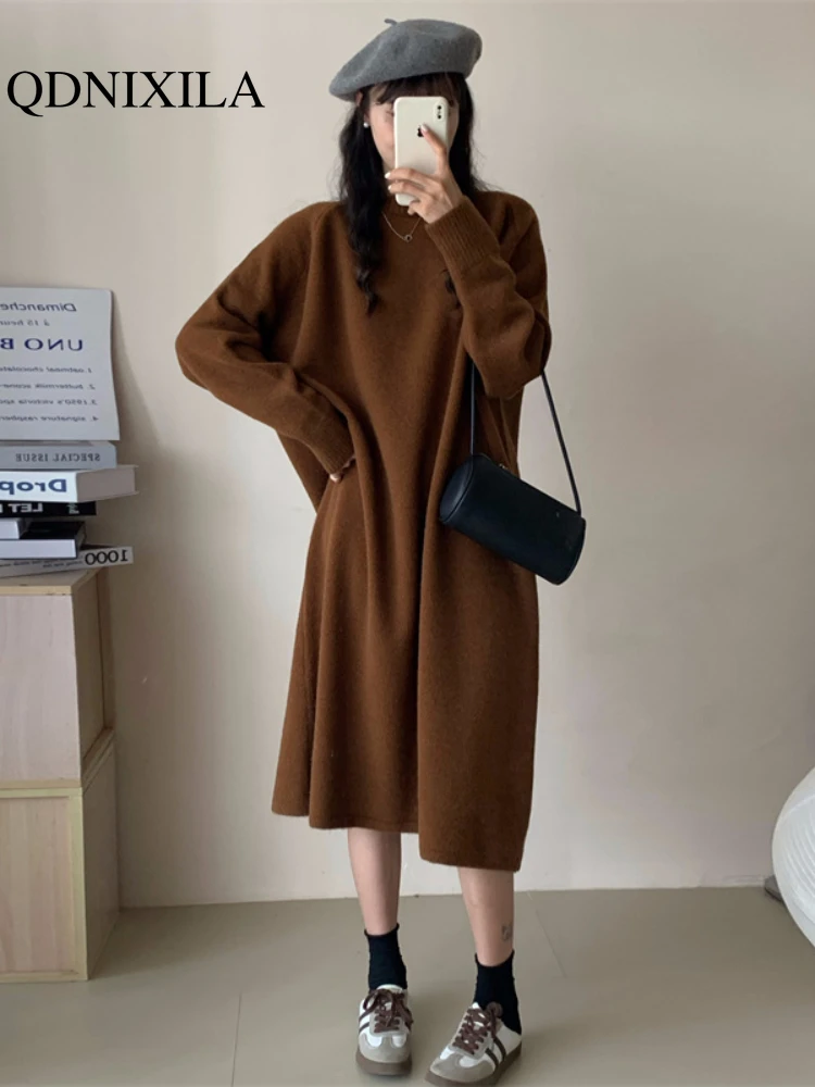 

Women's Dress Mid Length Knitted Dress Autumn Winter 2023 New in Solid Color Round Neck Loose Casual Long Skirt Woman Clothing