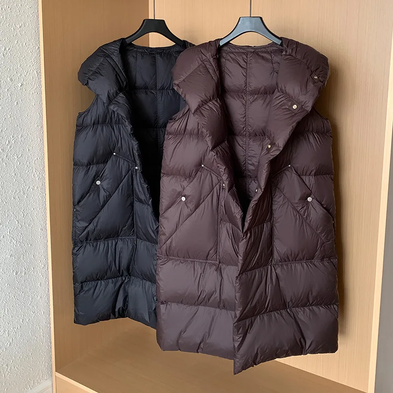 

2023 Winter New 90% White Vest Down Jacket Women Long Light Hooded Sleeveless Puffer Jacket Female Warm Windproof Autumn Outwear