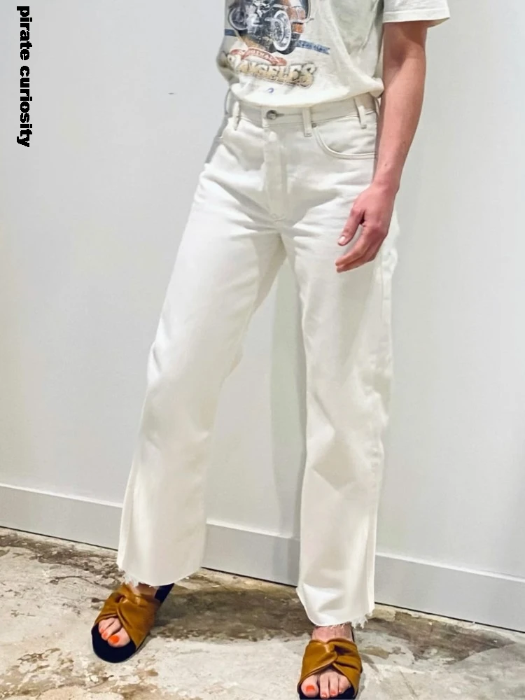 

Белые широкие женские джинсы с разрезом, свободные прямые брюки с необработанным краем, модные повседневные винтажные джинсовые брюки, весна-лето 2024