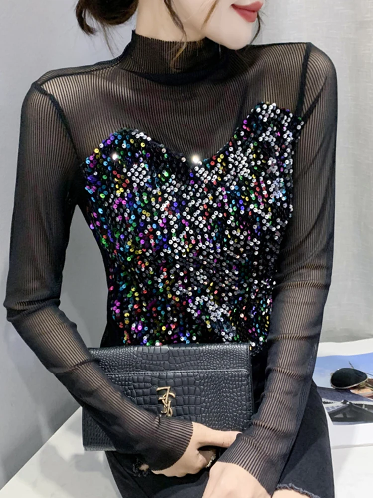 Nightclub Sle Me Splice Long Sve T-irt Women's Slim Fit iny Sequins Trendy Top Sexy Base irt Autumn Faion