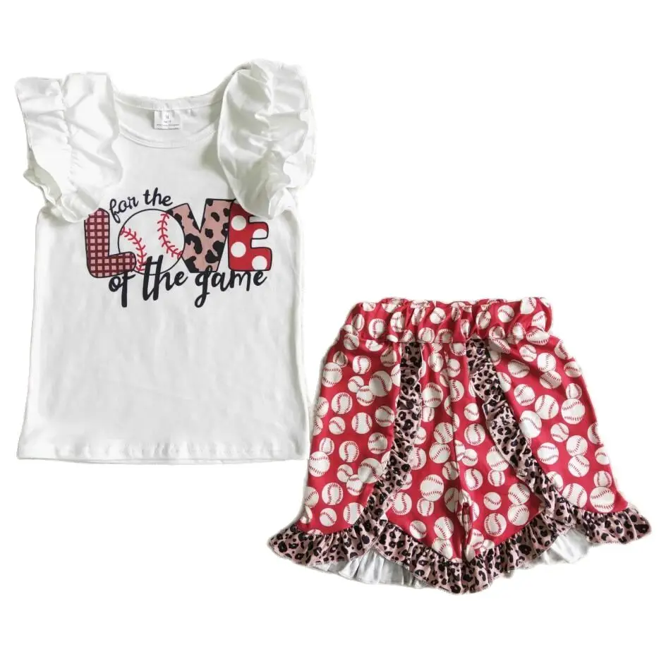 

RTS Baby Girls Flutter Sleeve Ruffle Shirt Top Baseball Boutique Wholesale Kids Fashion Summer Shorts 2pcs Clothing Sets