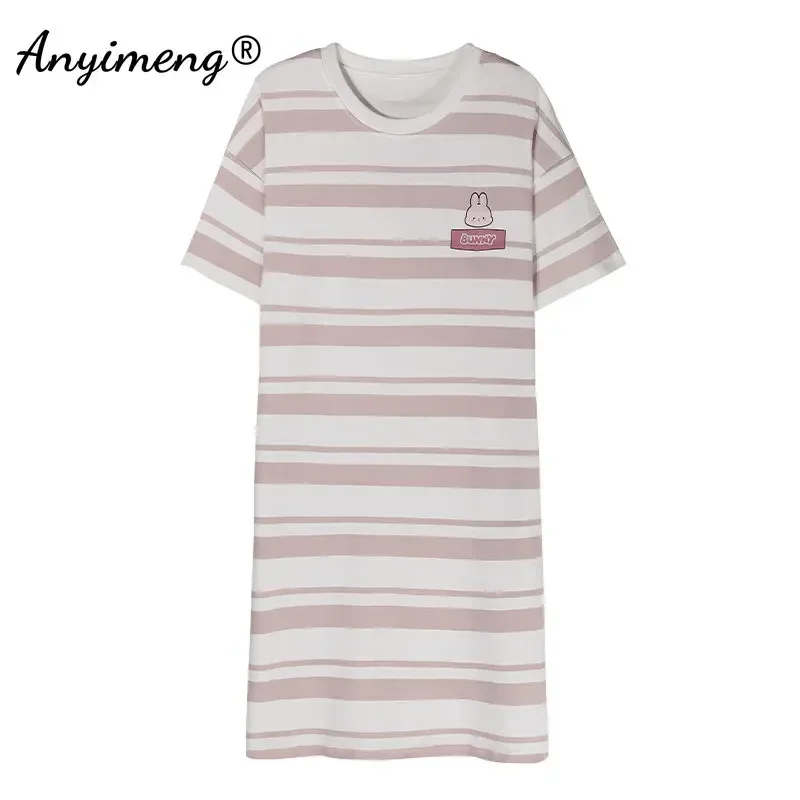 

Новая летняя ночная рубашка с милым принтом кролика женское домашнее платье молочное шелковое нижнее белье Ночная рубашка полосатая Ночная юбка для молодых девушек