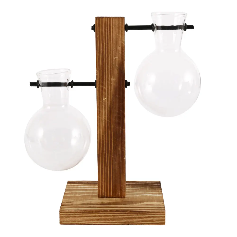 Elegant Glass Bulb Vase with Wooden Stand for Hydroponic Plants - Stylish Decor for Home or Office