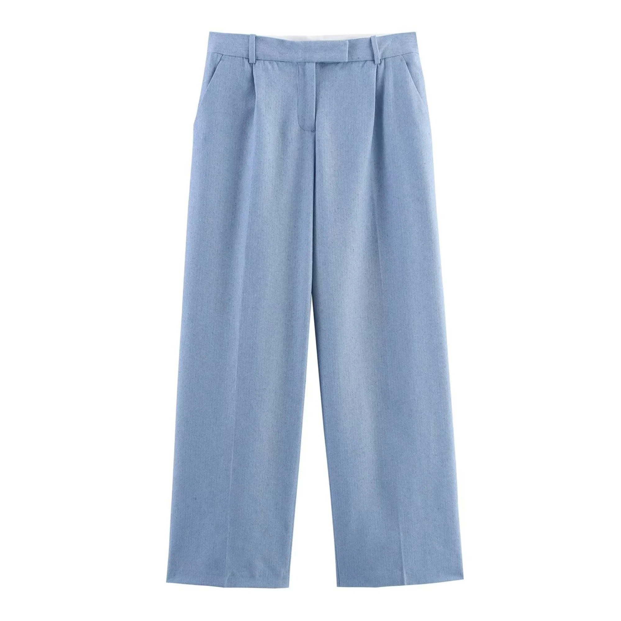 Women's Solid Straight Leg Long Pants Sets Or Female OL Single Button Short Blazer Coat Or Commuting Style Women blue Long Pants