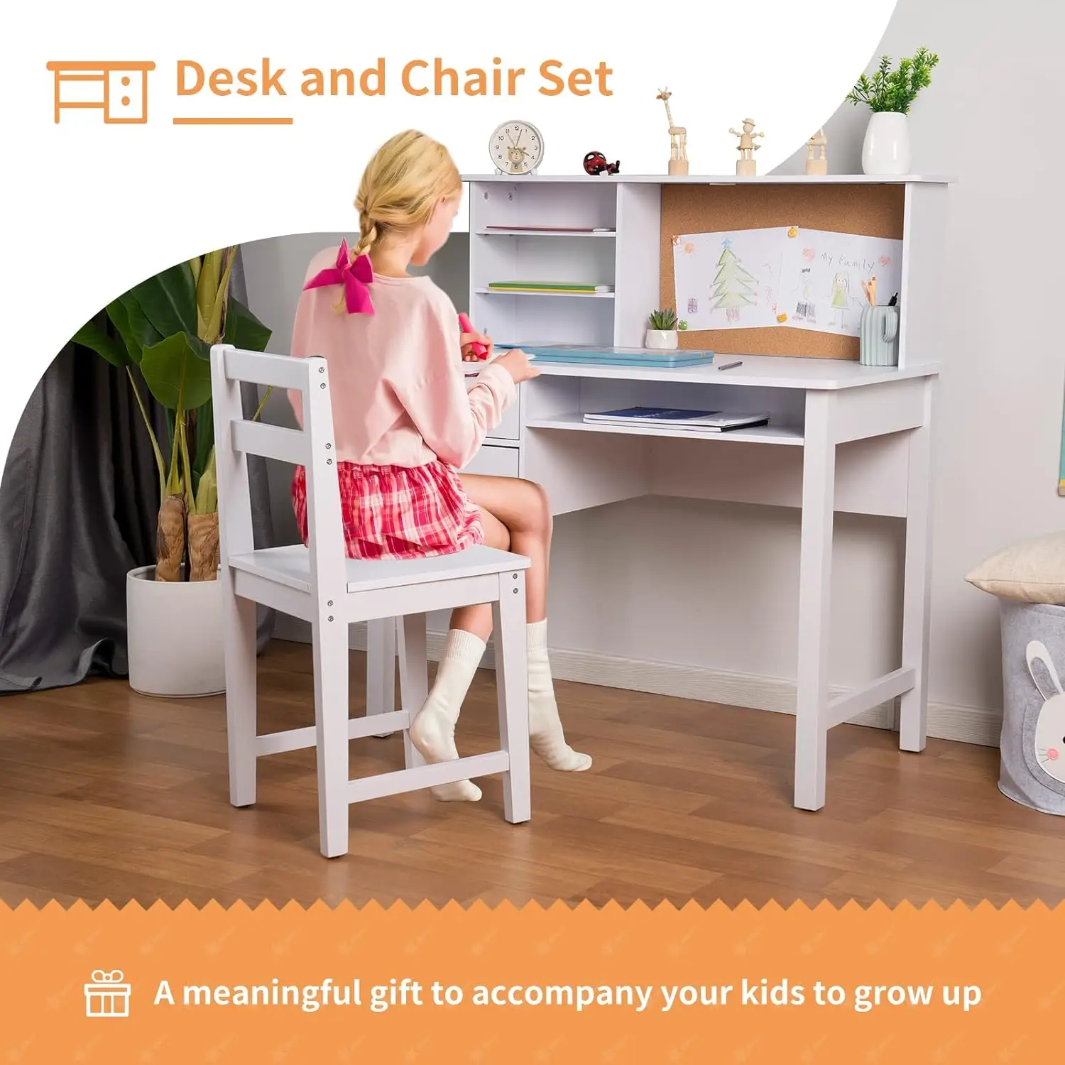 Wooden children's study table Children's table and chair set with cabin/drawer and bulletin board student study computer