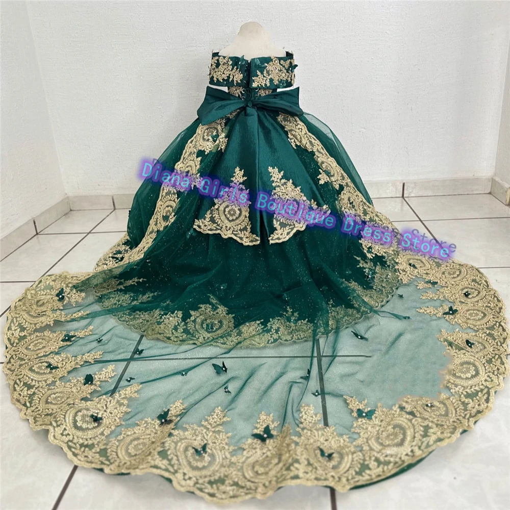 Gorgeous Green Flower Girls Dress Wedding Dresses Off The Shoulder Gold Appliques Kids Birthday Party Dresses Evening Gowns 4