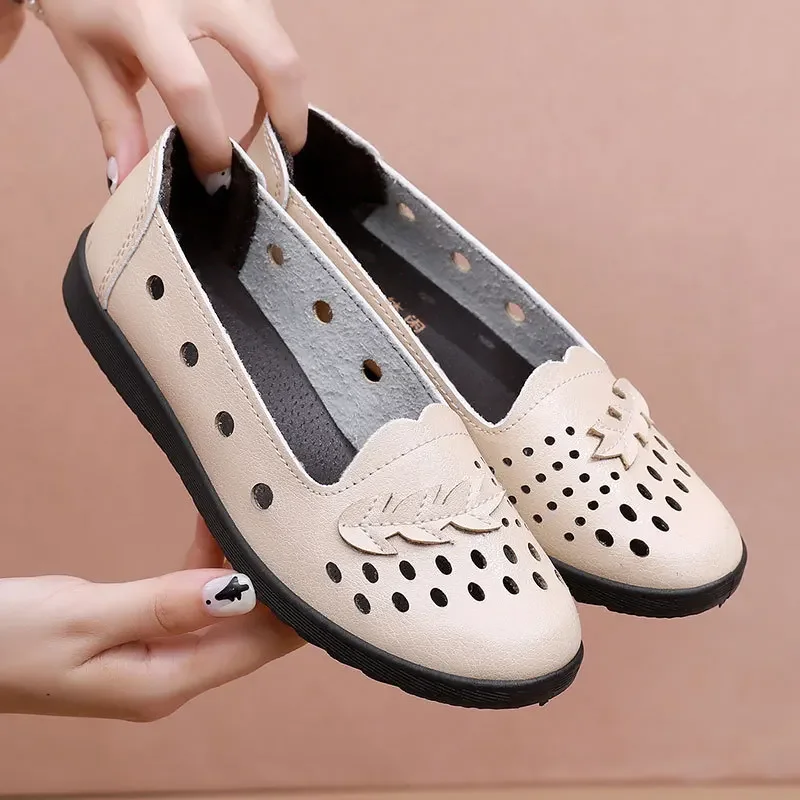 Fashion Summer Women Loafers Leather Casual Shoes Slip-on Ballet Flats Woman Luxury Hollow Out Breathable Women's Moccasins