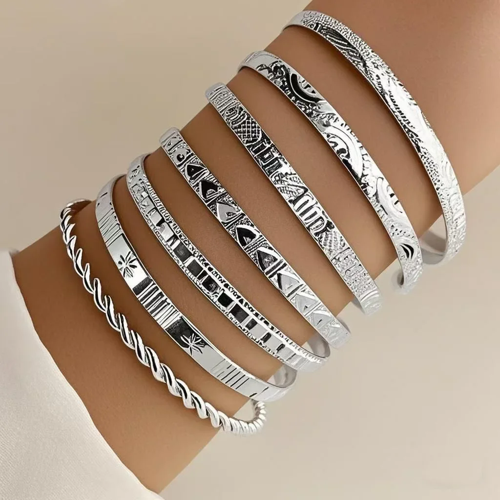 Stainless Steel 7 Pcs/Set Punk Bracelets for Women Girls Goth Heart Prints Metal Design Open Bangle Party Fashion Jewelry Gifts