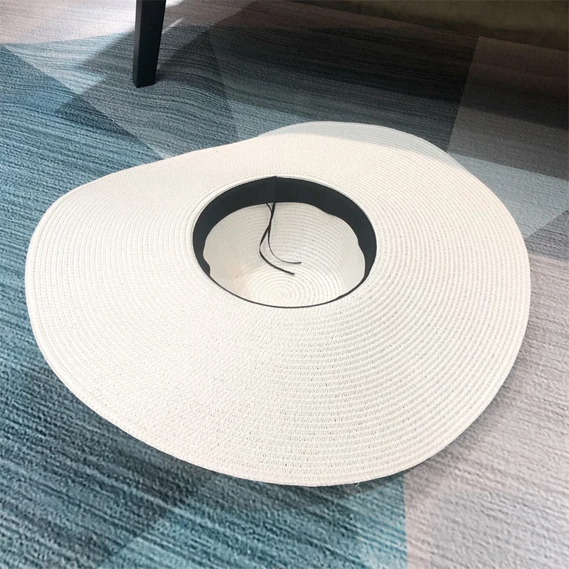 White punk straw hat 25cm large brim hat sun ultra-thin breathable summer sun straw travel men and women