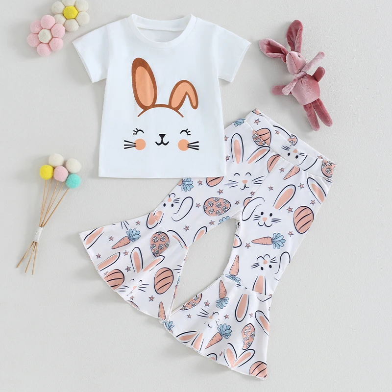 

2023-12-08 Lioraitiin 6M-4Y Toddler Baby Girls Easter Outfits Clothes Bunny T-Shirt Tee Tops Flare Pants Baby Bell-bottoms Set