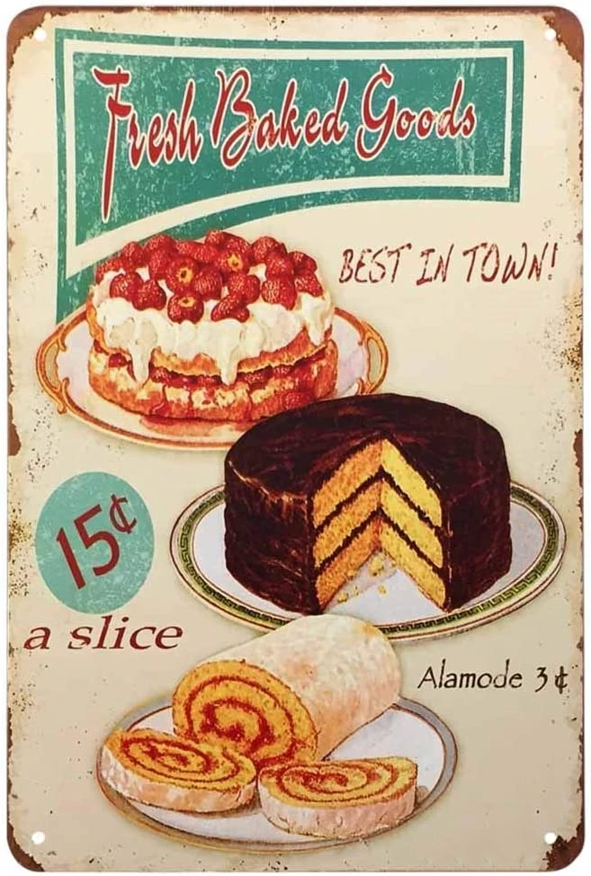 

Fresh Baked Goods Tin Sign Cake Cream Ring Fresh Delicious Strawberry Fruit Food Chocolate Dessert Plate Vintage Metal Tin Signs